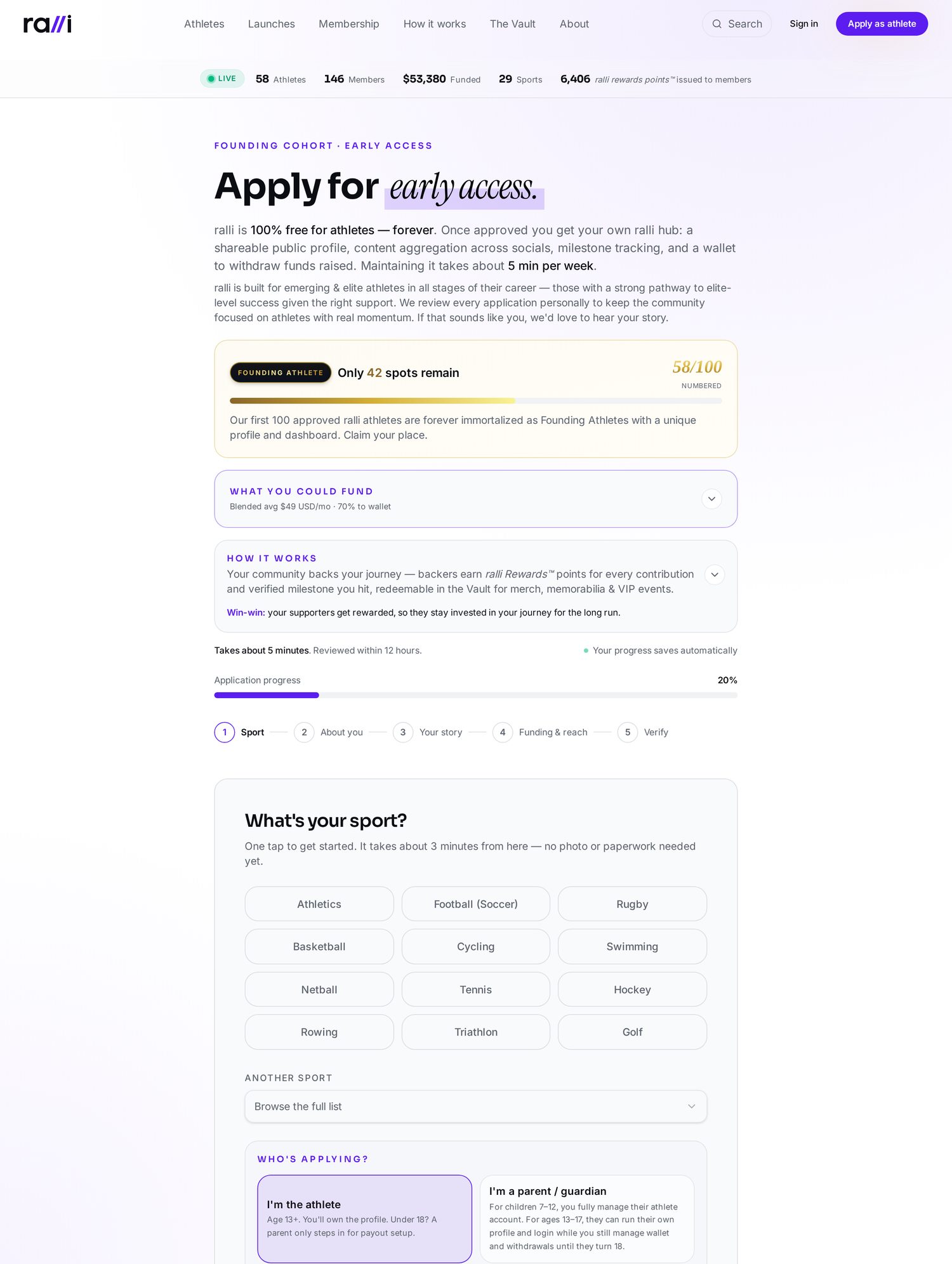 ralli athlete application form showing the sport selection step with popular sports and competition level options