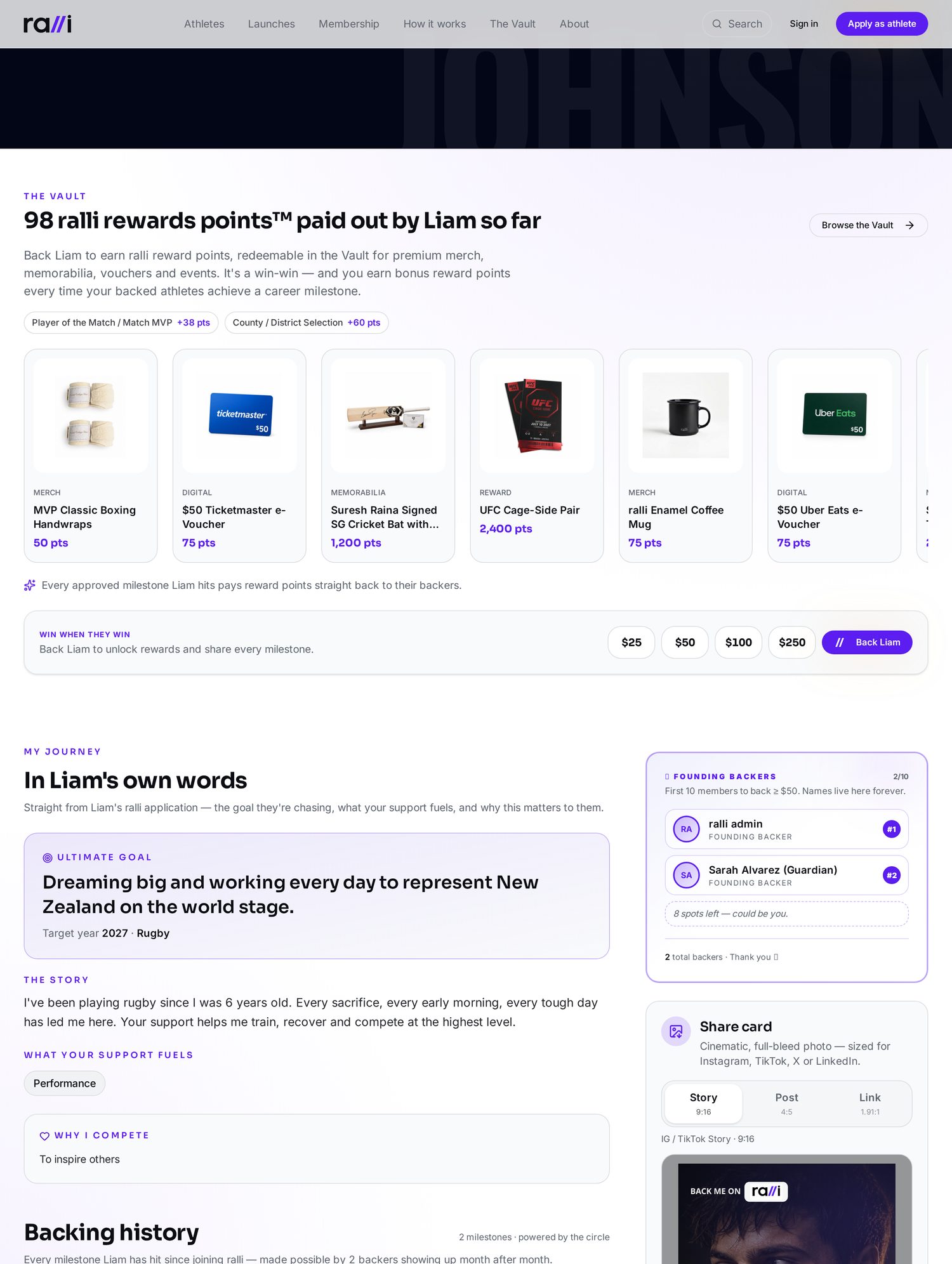 Athlete profile section showing rewards points paid out, Vault rewards carousel and the founding backers list