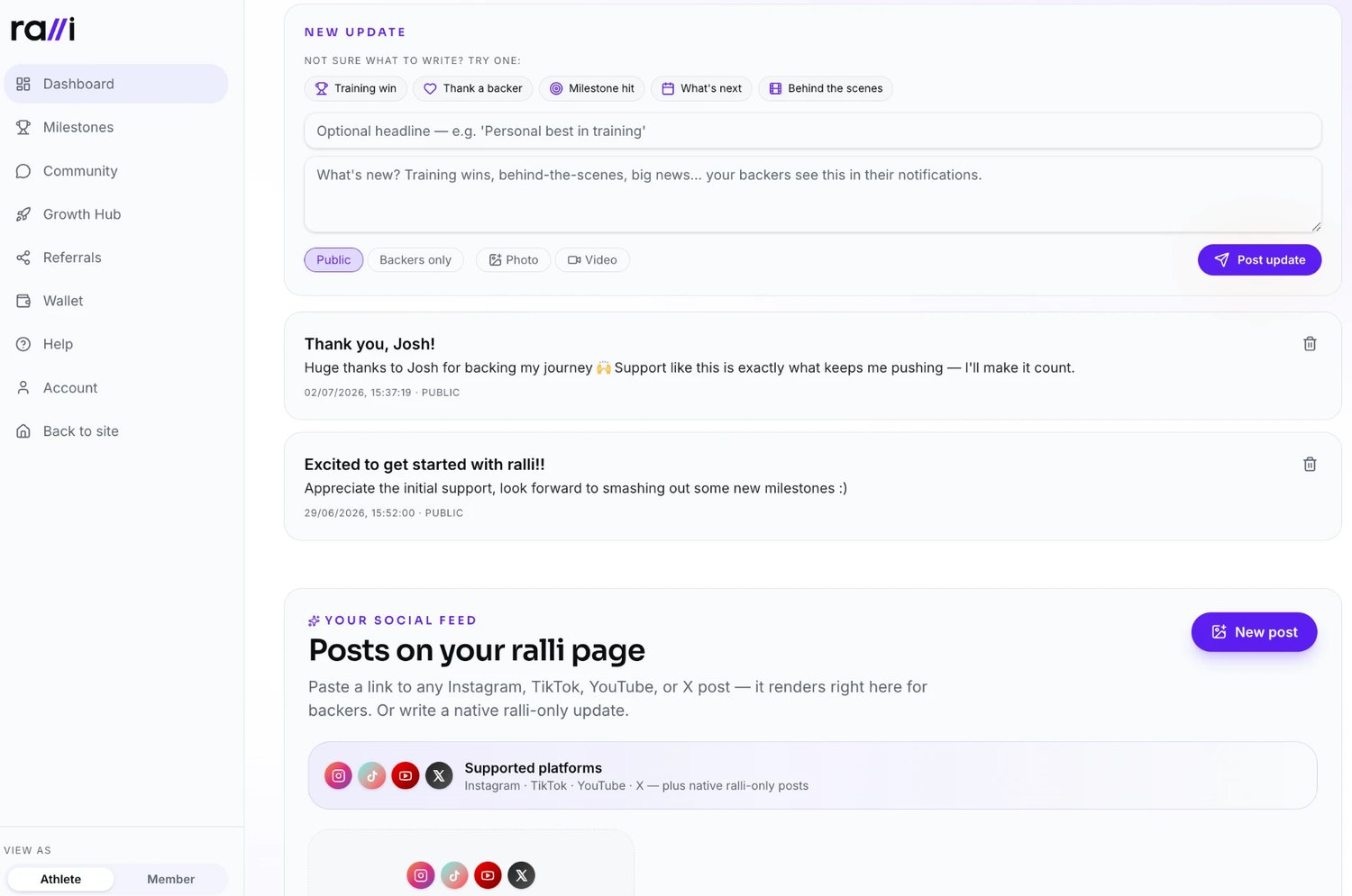 ralli athlete dashboard update composer with prompts and the social feed section for Instagram, TikTok, YouTube and X posts