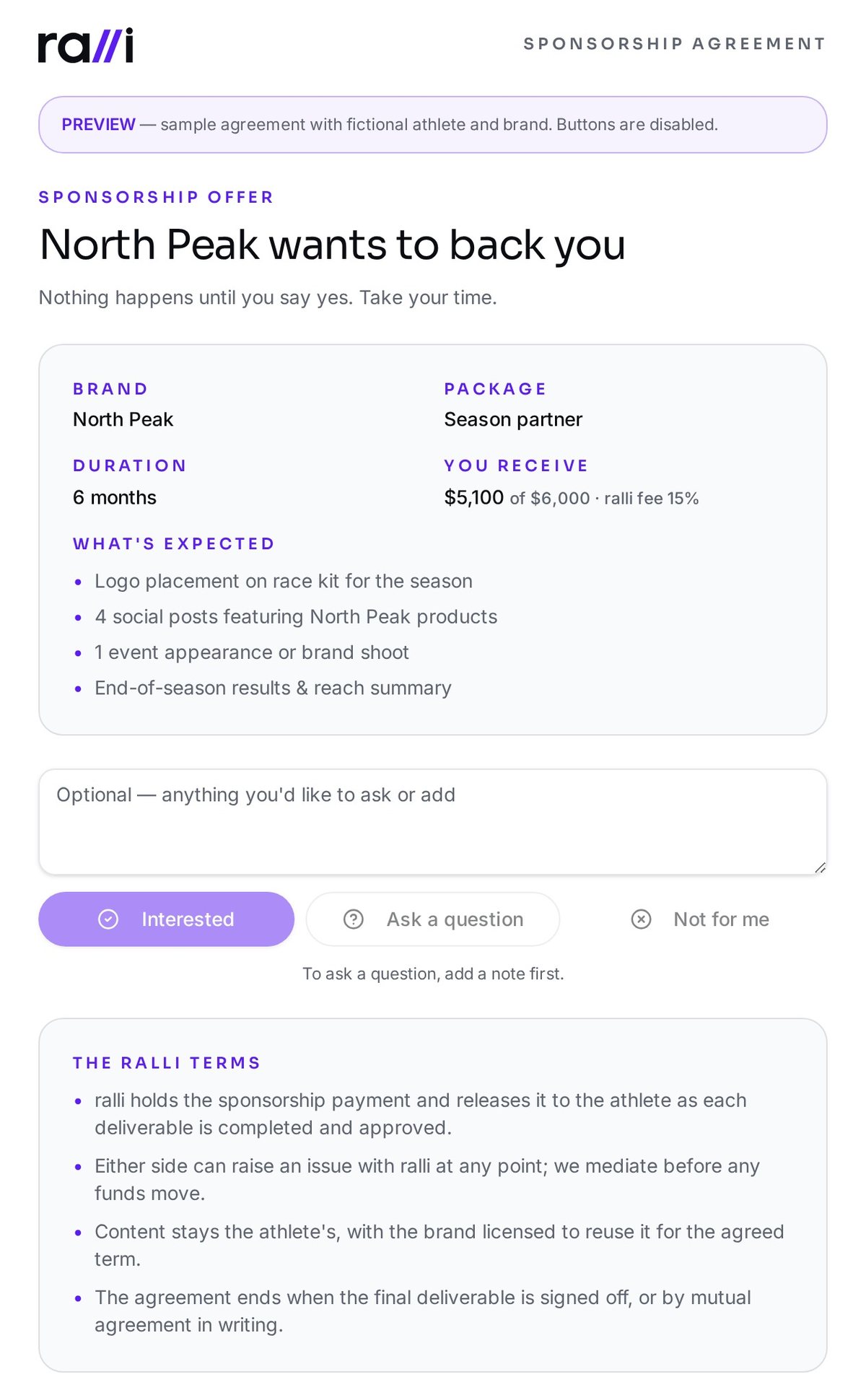 The ralli sponsorship offer page an athlete or guardian receives, showing brand, package, duration, payout, deliverables and terms