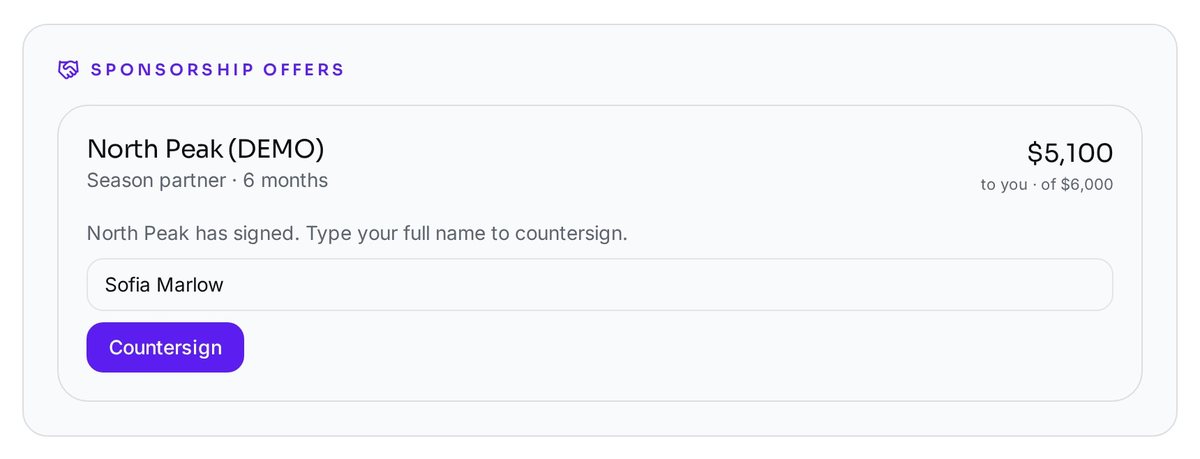 The countersign step in the ralli athlete dashboard where an athlete types their full name to sign a sponsorship agreement
