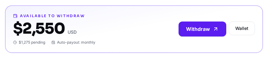 The ralli athlete wallet strip showing available balance to withdraw, pending funds and automatic payout schedule