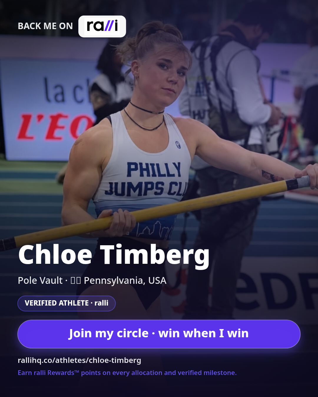 Chloe Timberg's Back me on ralli share card with her photo, verified athlete badge, Join my circle button and profile link with referral code