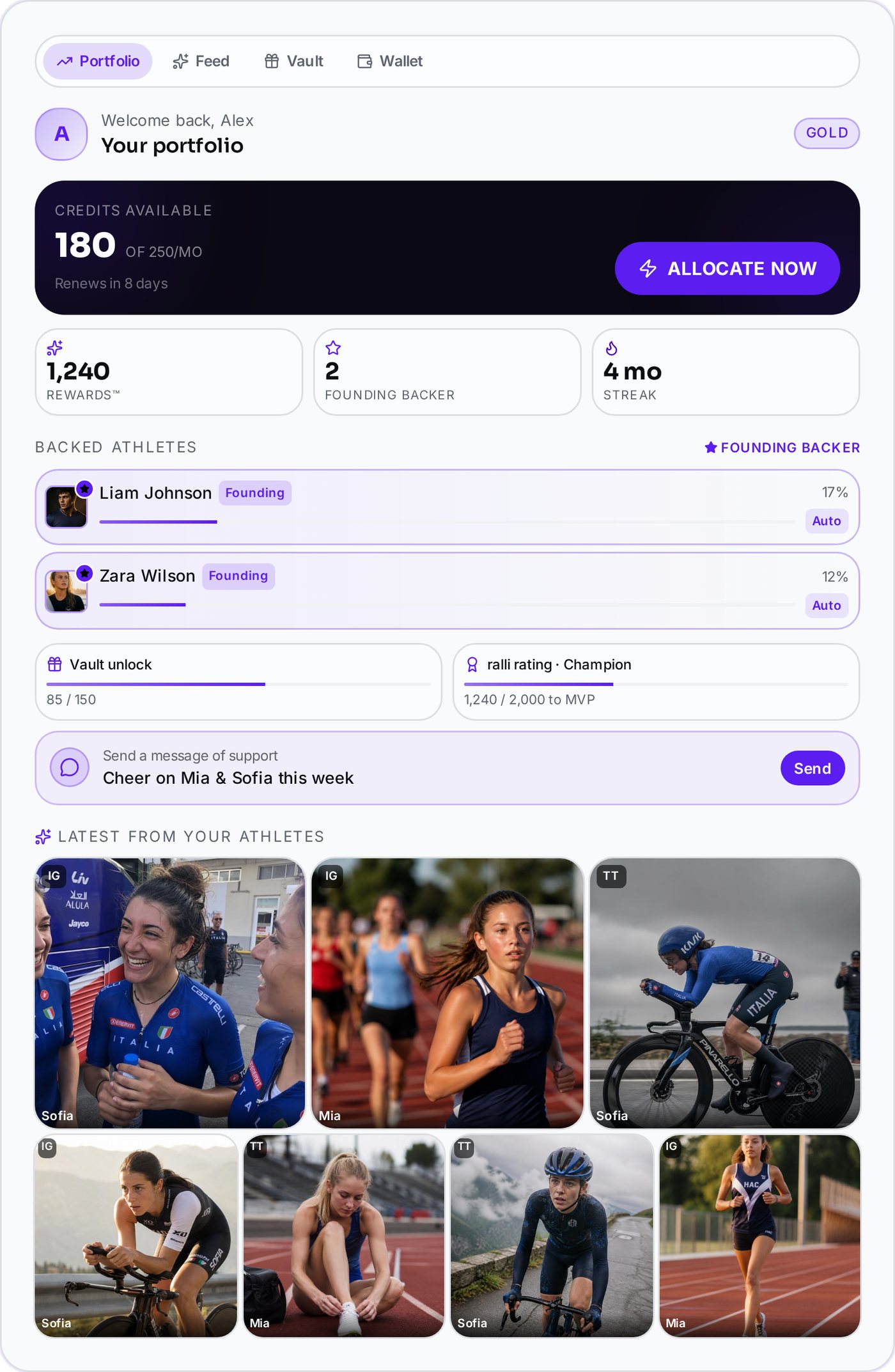 ralli member portal portfolio view showing credits available, rewards balance, founding backer status, backed athletes and latest posts