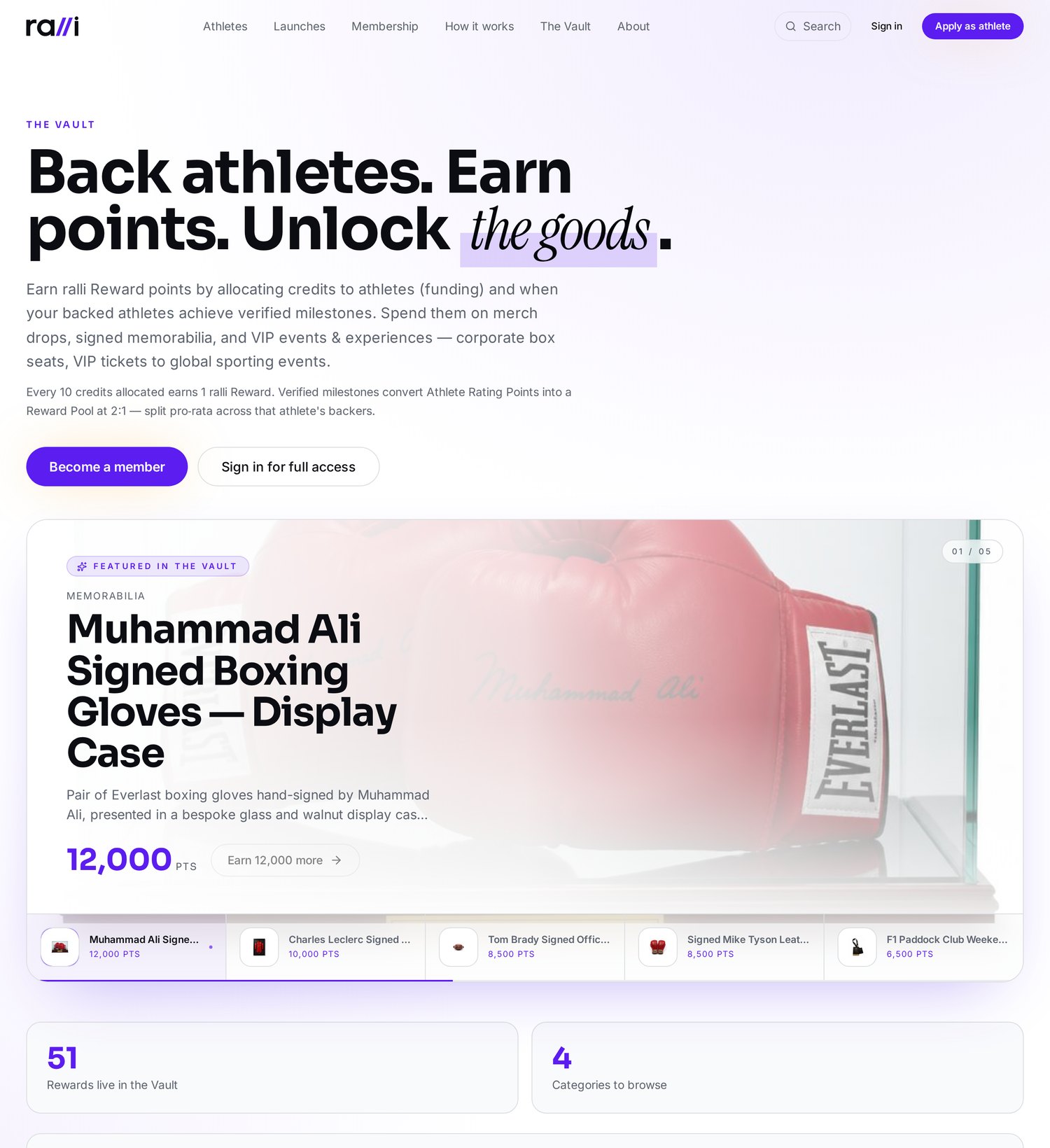 The ralli Vault showing signed memorabilia and experiences redeemable with ralli rewards points