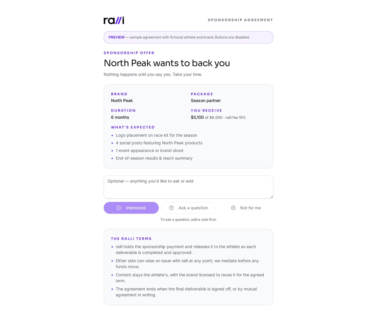 The athlete offer and consent page a ralli athlete or guardian receives