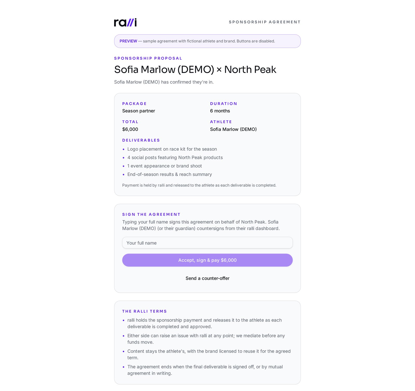 The brand proposal and sponsorship agreement page on ralli