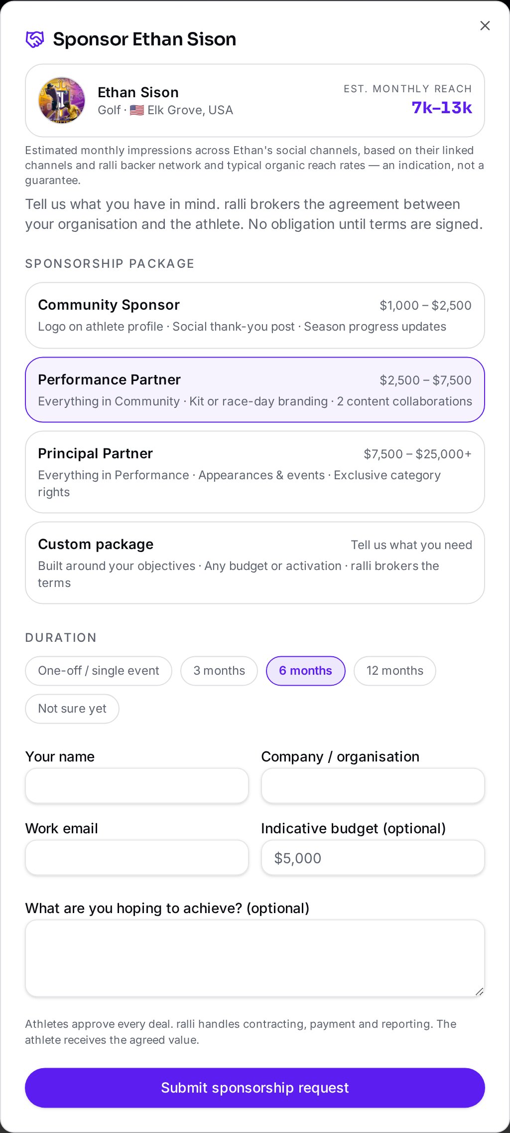 The ralli sponsorship request form showing package options, duration and contact fields